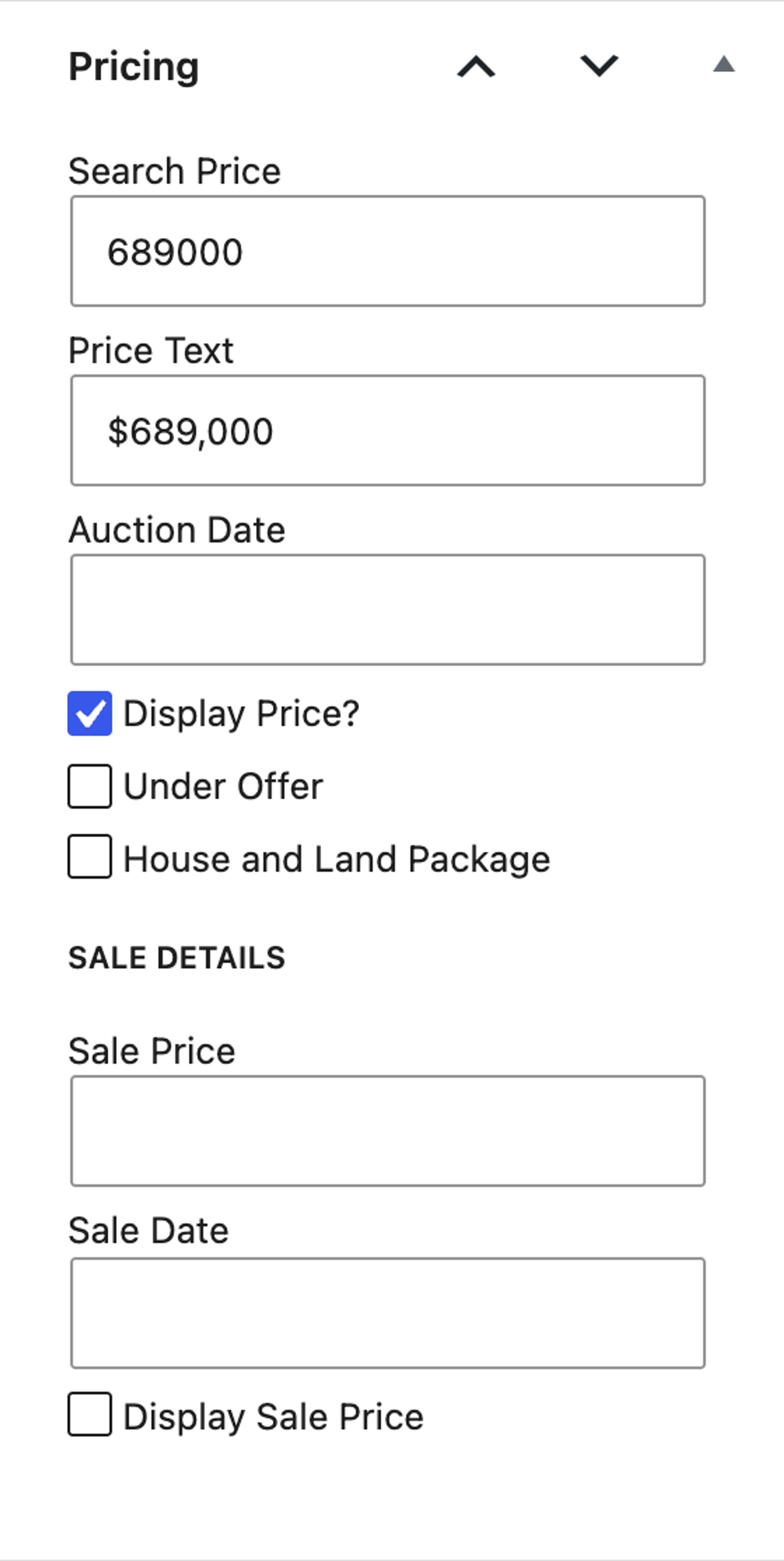 Easy Property Listings Pricing box with Search Price 689000, Price Text $689,000 and Display Price? ticked