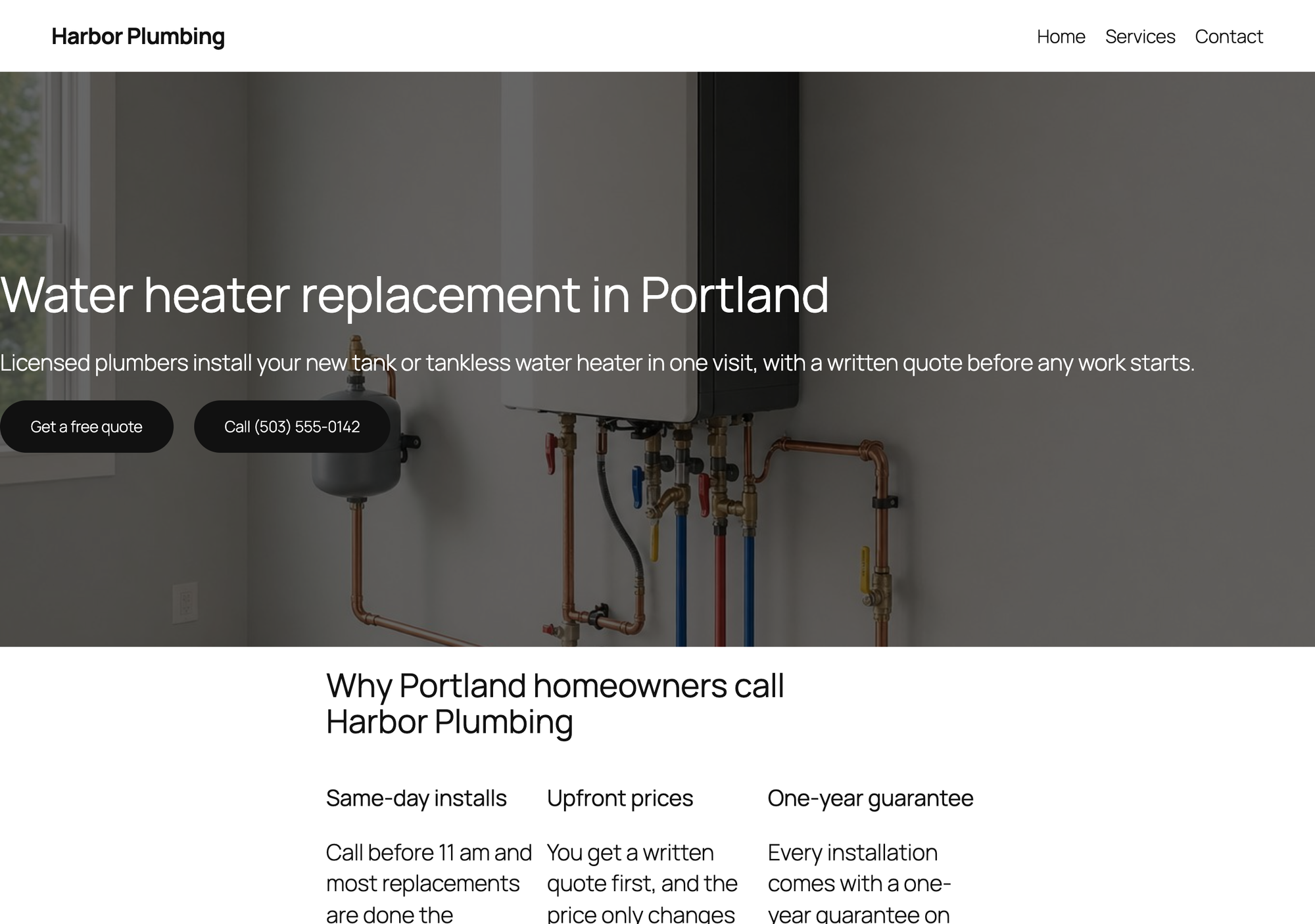 The Harbor Plumbing landing page built with Otter Blocks, desktop view, with the hero, buttons and benefits