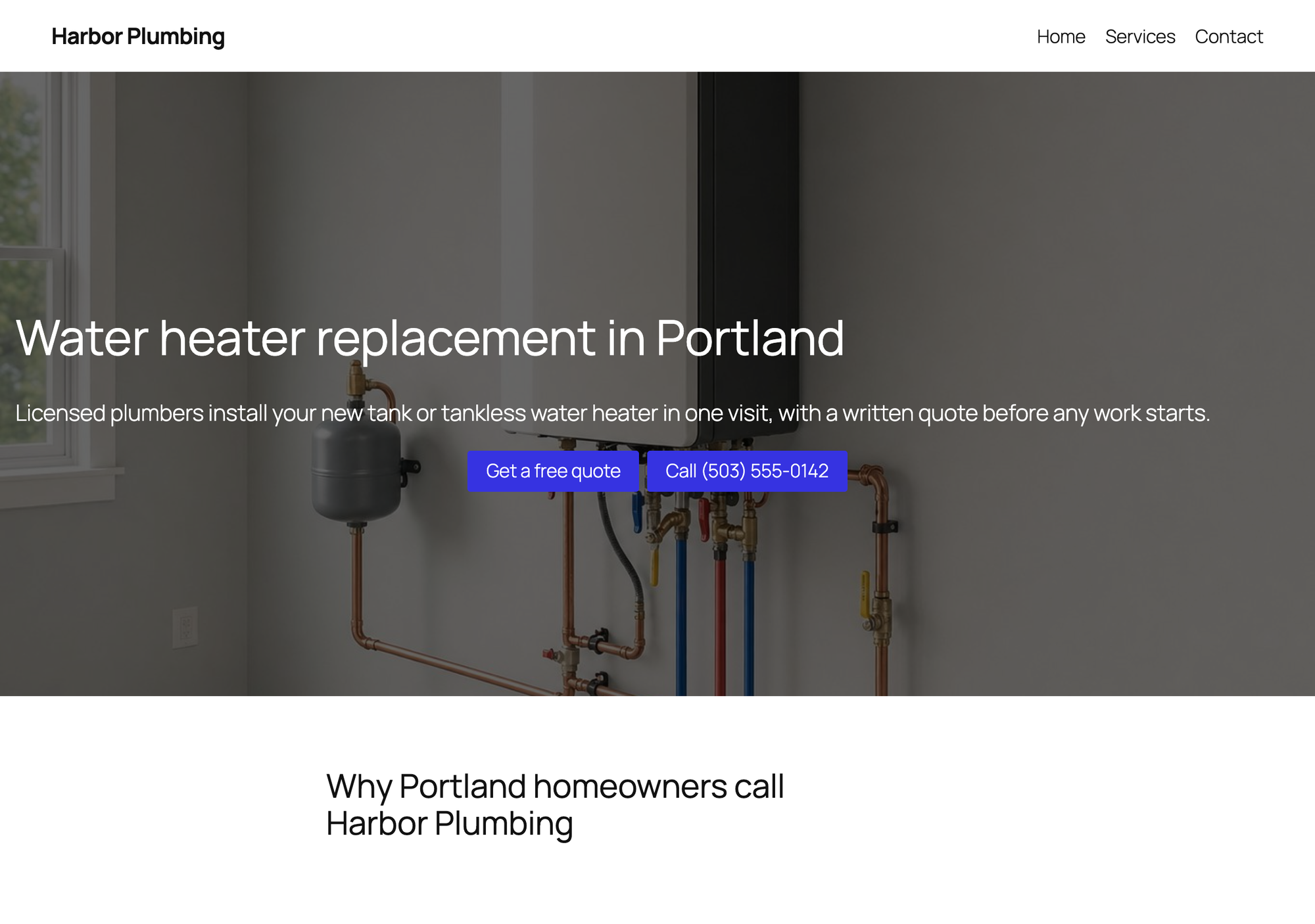 The Harbor Plumbing landing page built with Kadence Blocks, desktop view