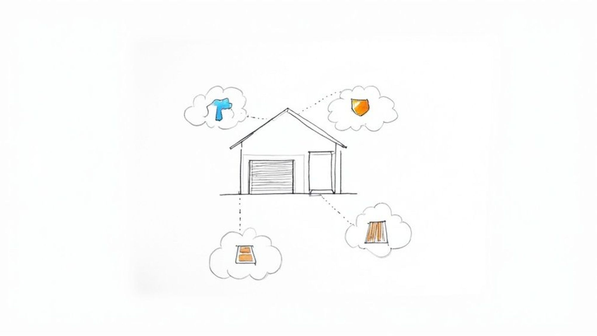 A line drawing of a house connected to four clouds representing smart home features like water, security, and windows.