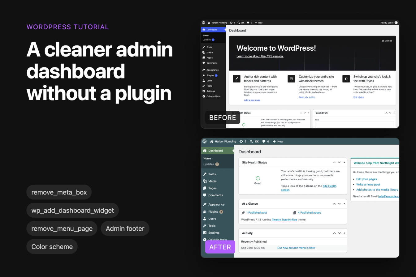 The default WordPress dashboard with the welcome panel, Quick Draft and Events boxes next to the cleaned-up dashboard with a custom help box and the Ocean color scheme