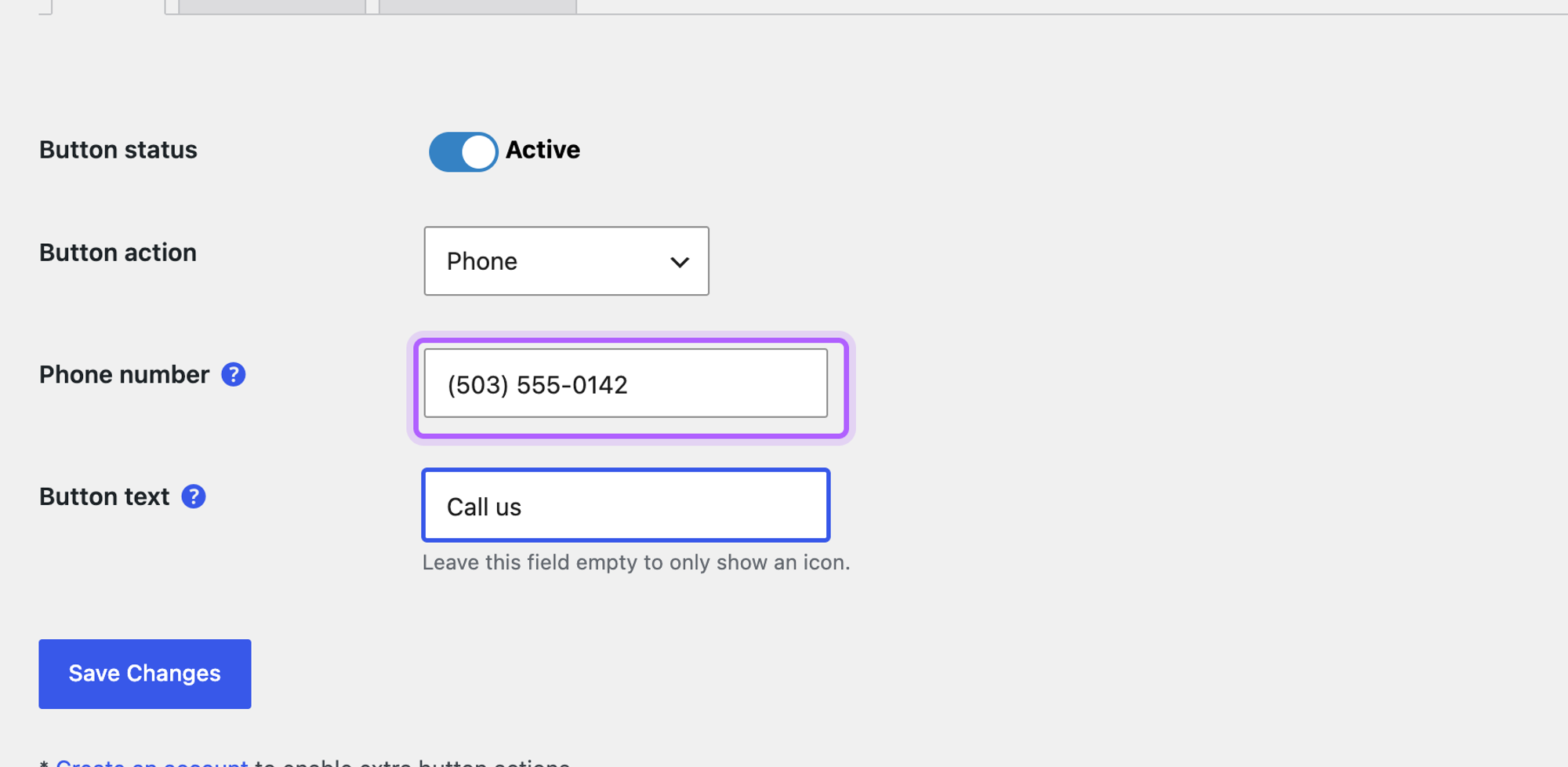 Call Now Button settings with the phone number field (503) 555-0142 highlighted and the button set to Active