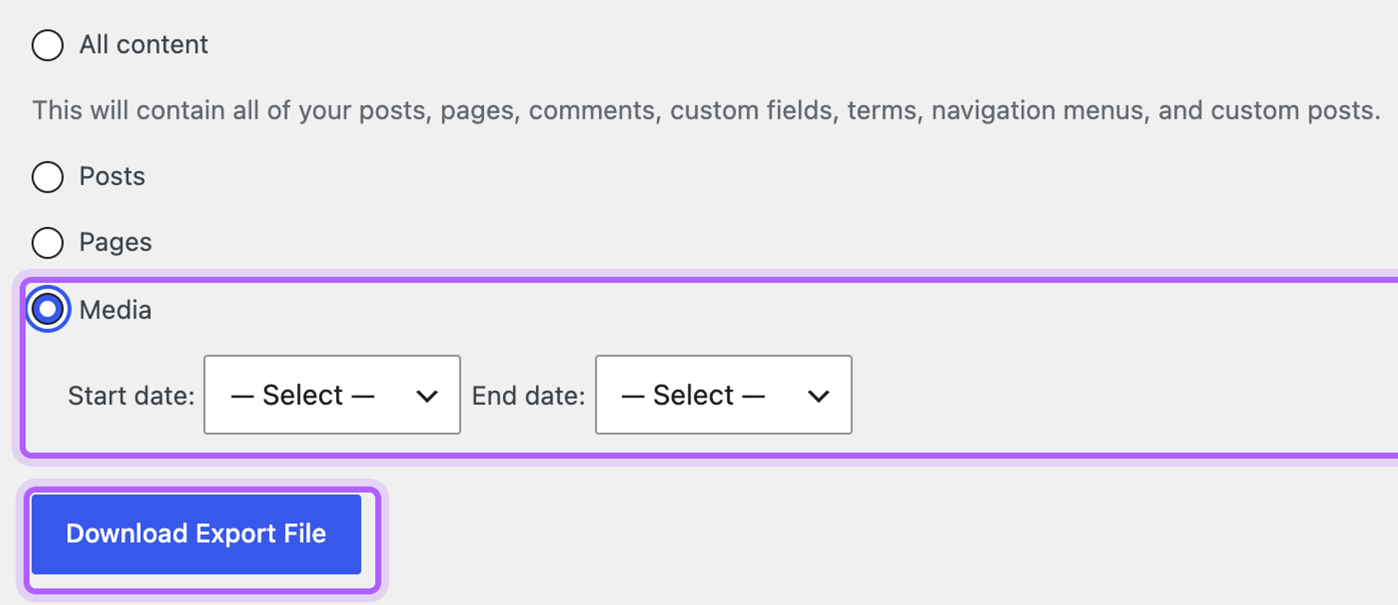 The WordPress Export screen with Media chosen, the Start date and End date filters and the Download Export File button highlighted