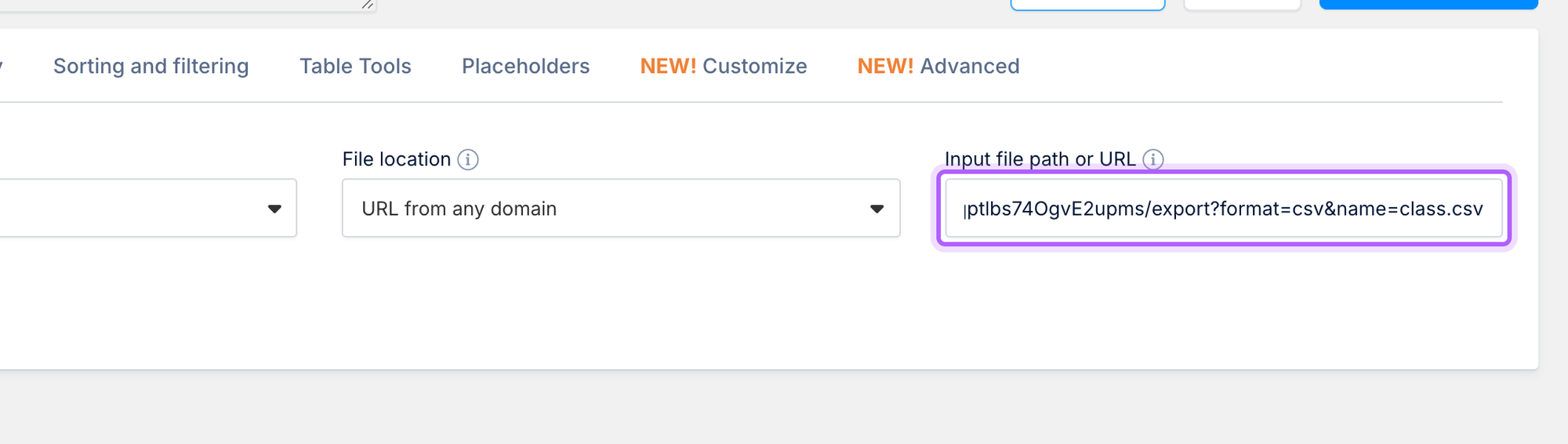 wpDataTables CSV file source with URL from any domain and the sheet's CSV export link ending in name=class.csv, outlined