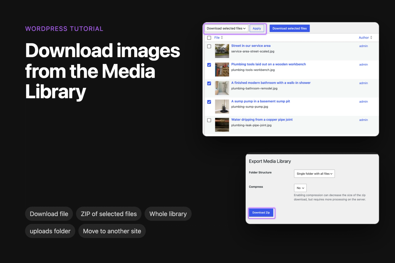 The WordPress Media Library list view with three images ticked and Download selected files chosen under Bulk actions, next to the Export Media Library screen with its Download Zip button