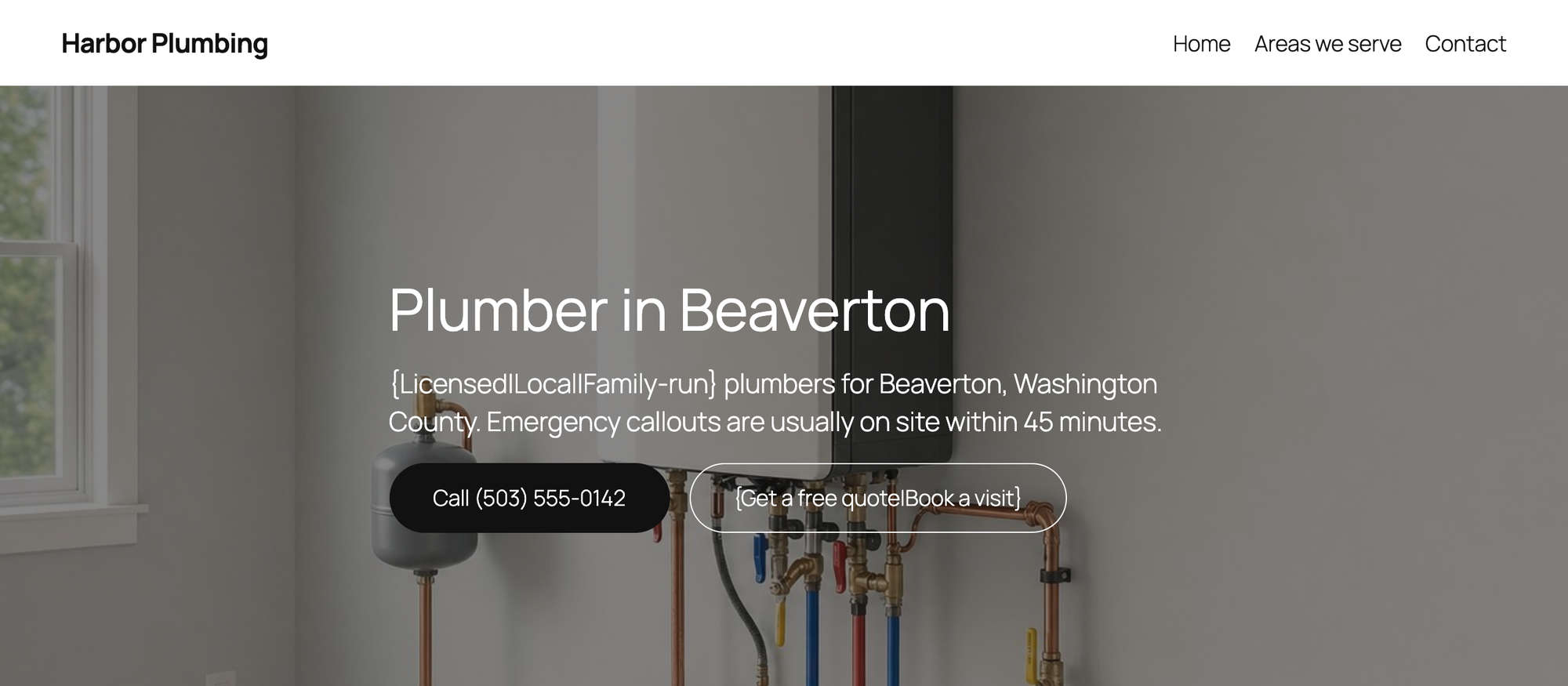 The Beaverton page hero showing the raw spintax {Licensed|Local|Family-run} and {Get a free quote|Book a visit}