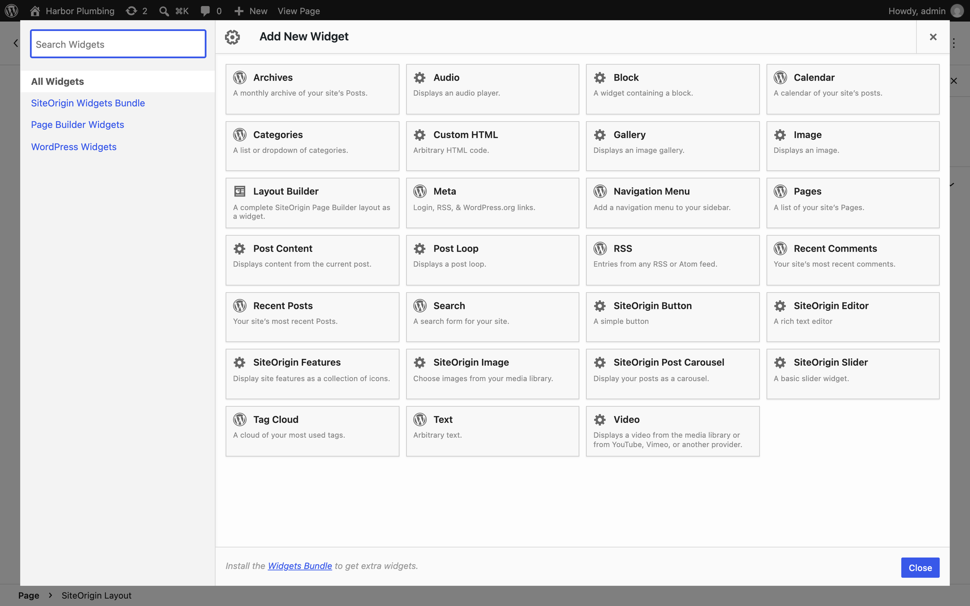 SiteOrigin Page Builder's Add New Widget dialog with the free widgets and the note to install the Widgets Bundle for more