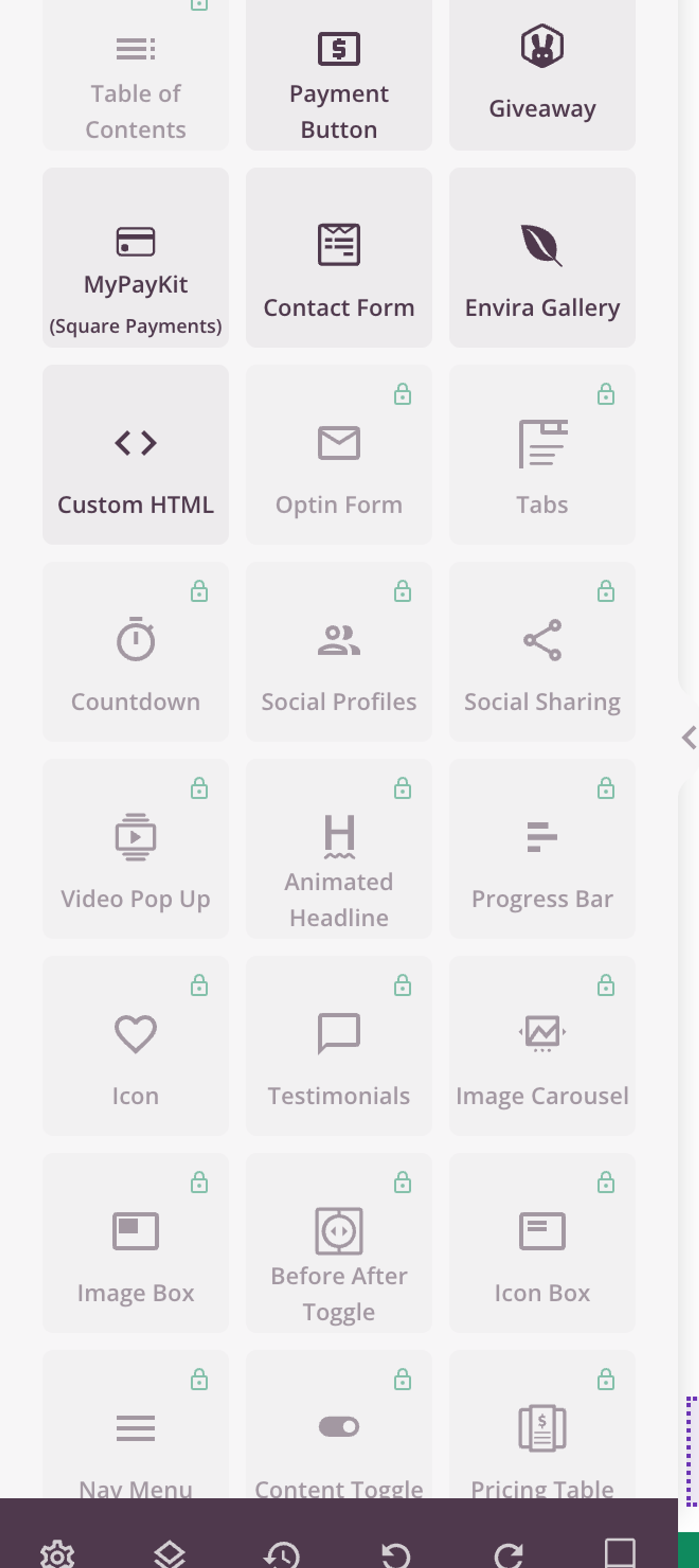SeedProd Lite's block panel with lock icons on Pro blocks such as Optin Form