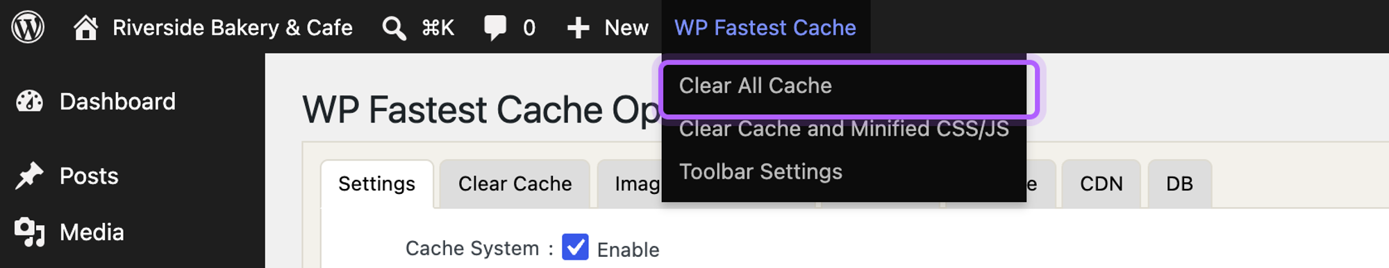 The WP Fastest Cache admin bar menu with Clear All Cache highlighted