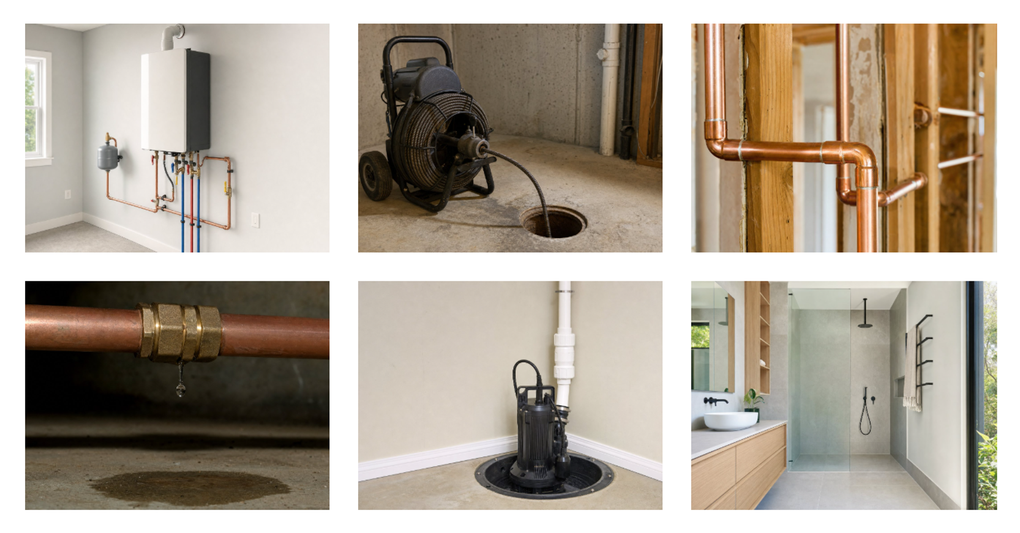 Six plumbing job photos in a three-column WordPress Gallery block