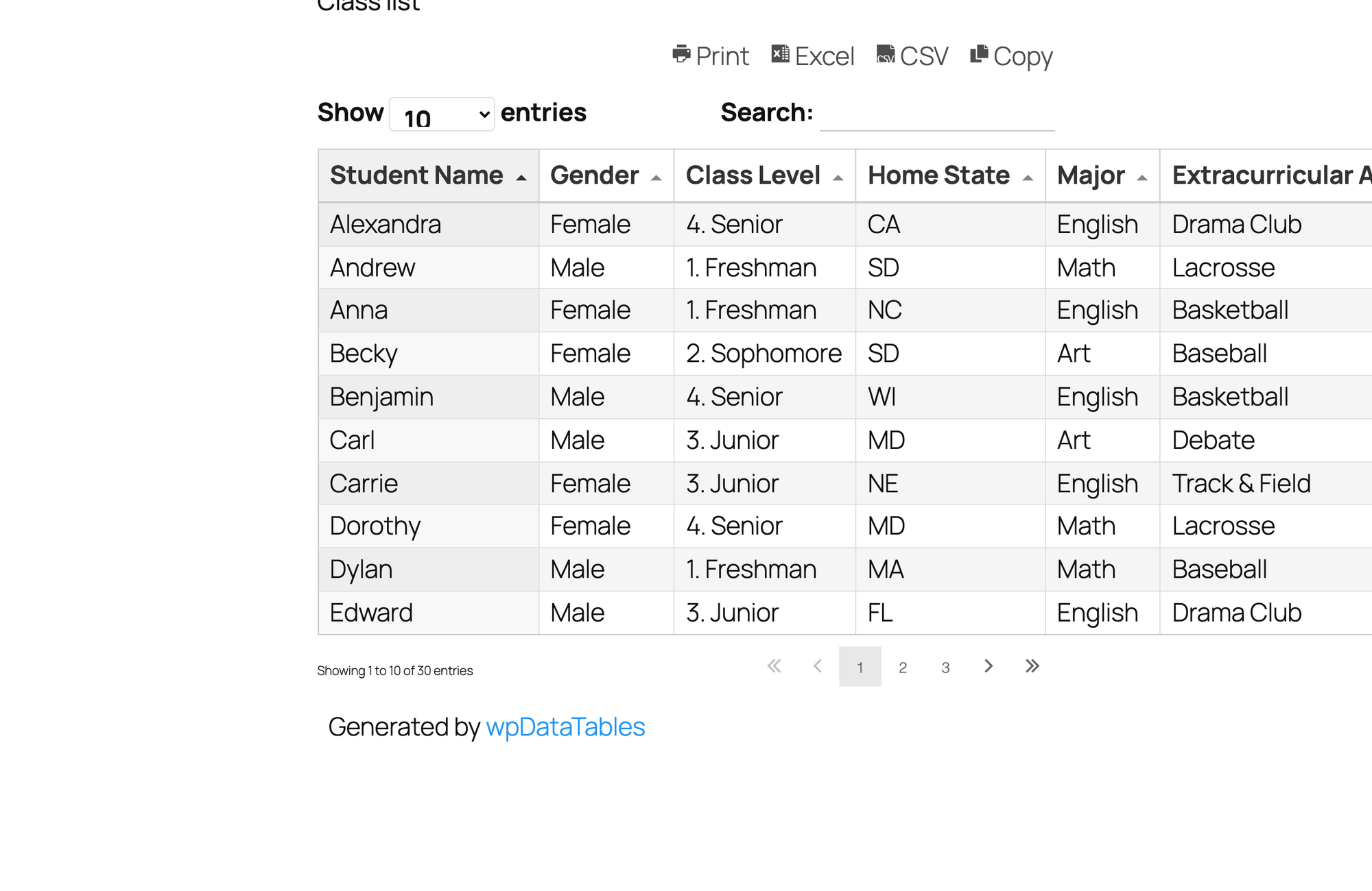 The Class list page with the wpDataTables table, Print, Excel, CSV and Copy buttons and a Generated by wpDataTables line