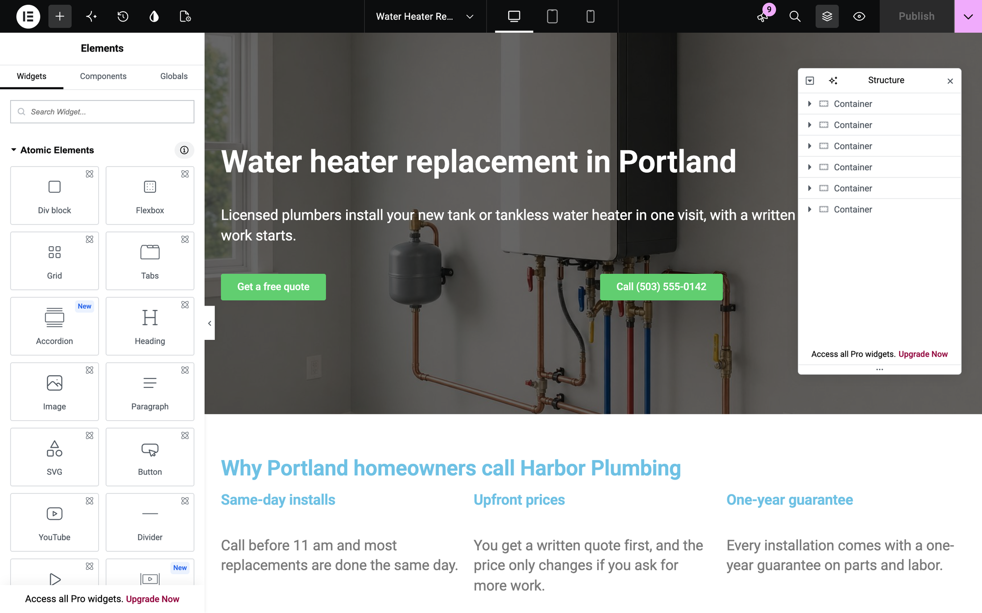 The Elementor editor with the Harbor Plumbing page open, the widget panel on the left and Access all Pro widgets with Upgrade Now at the bottom