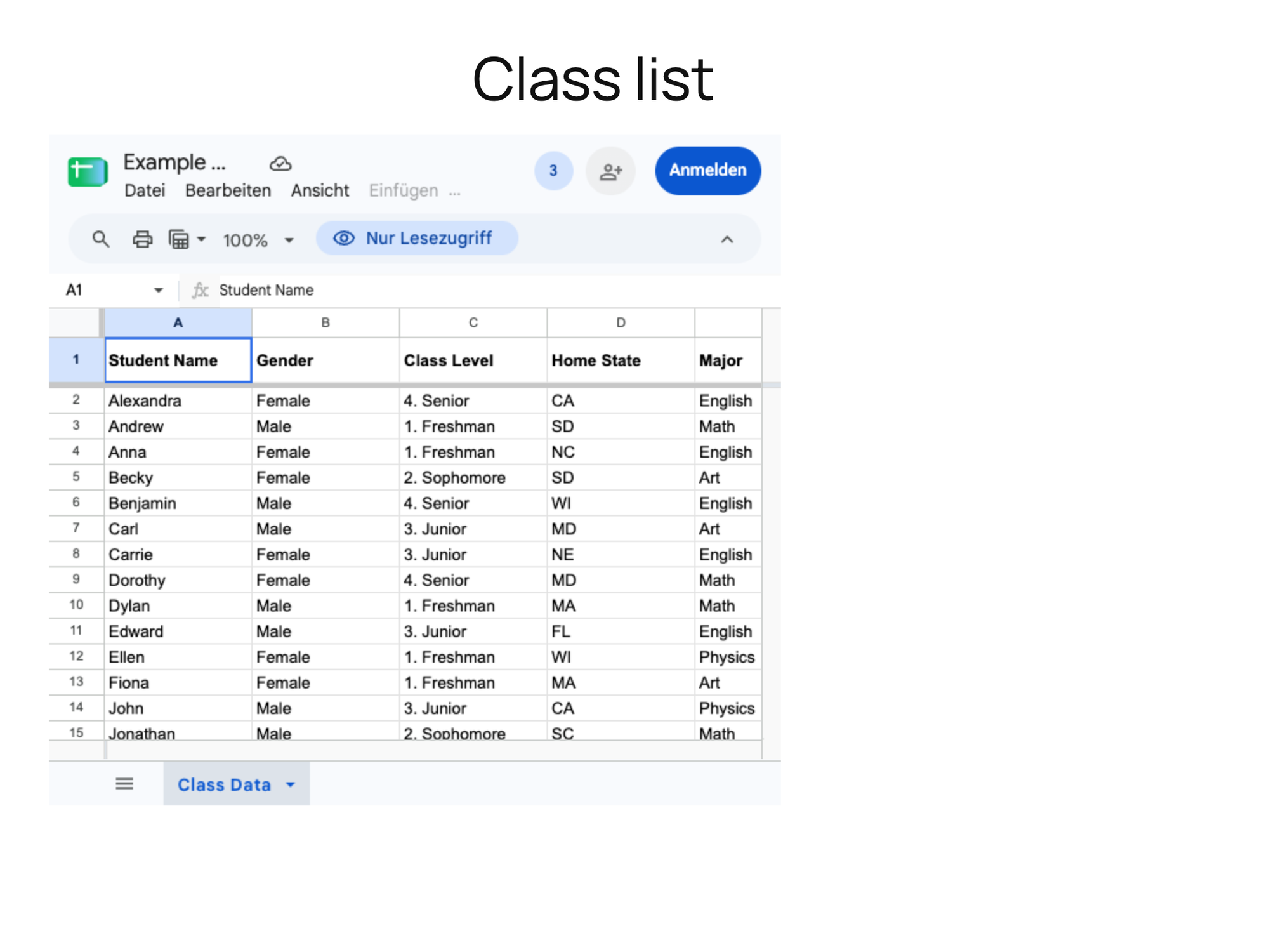 The Class list page with the Google Sheets view embedded by EmbedPress, including Google's menu bar and sign-in button