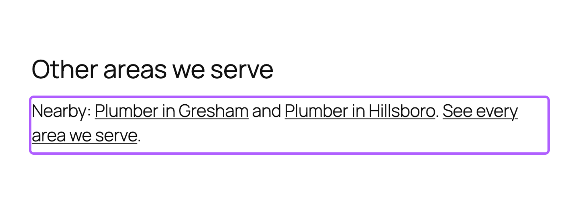 The Other areas we serve section on the Beaverton page with links to the Gresham and Hillsboro pages