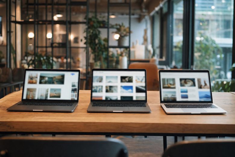 Three laptops side by side showing grids of generated pages