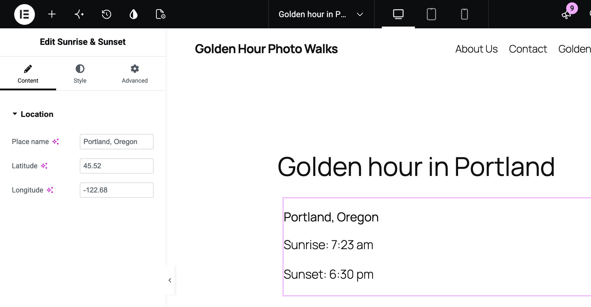 The Edit Sunrise & Sunset panel with Place name, Latitude and Longitude controls next to the preview, which shows Portland, Oregon with sunrise at 7:23 am and sunset at 6:30 pm