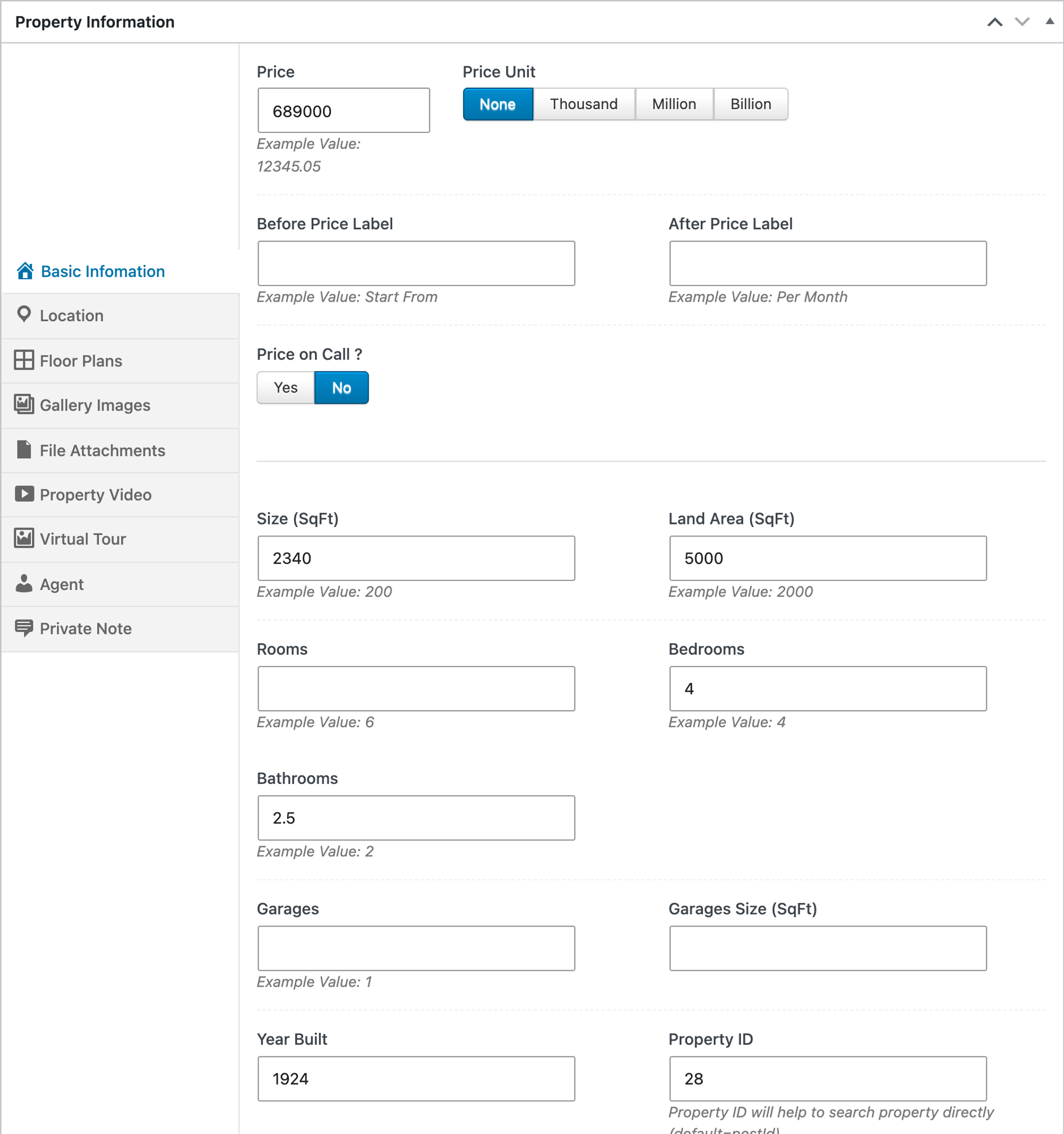 Essential Real Estate's Property Information box with price, size, land area, bedrooms, bathrooms and year built