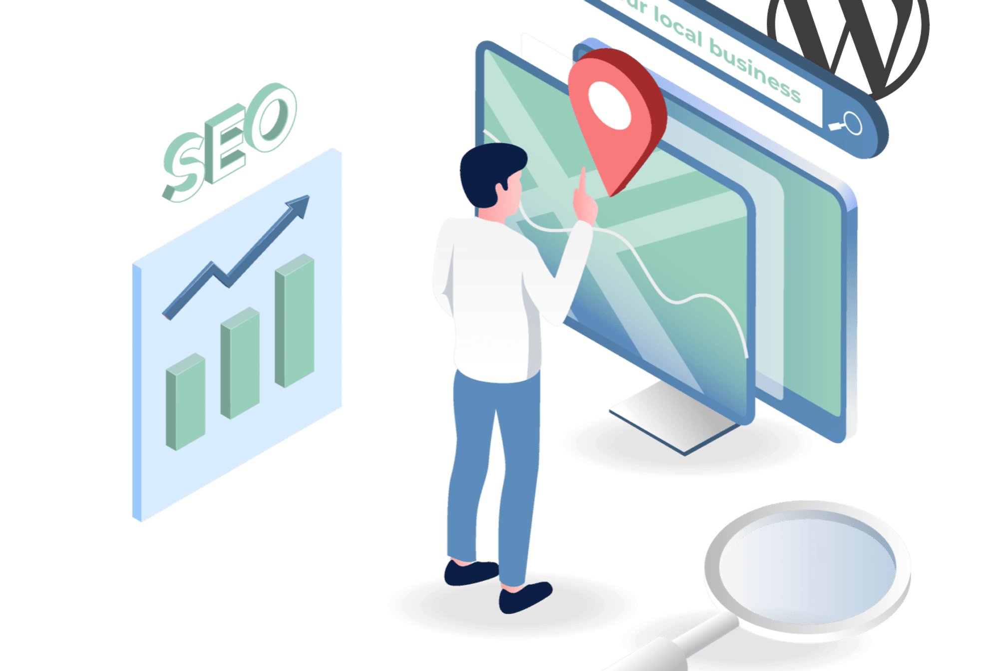 A person standing in front of his wordpress website he wants to optimize for local seo with plugins.