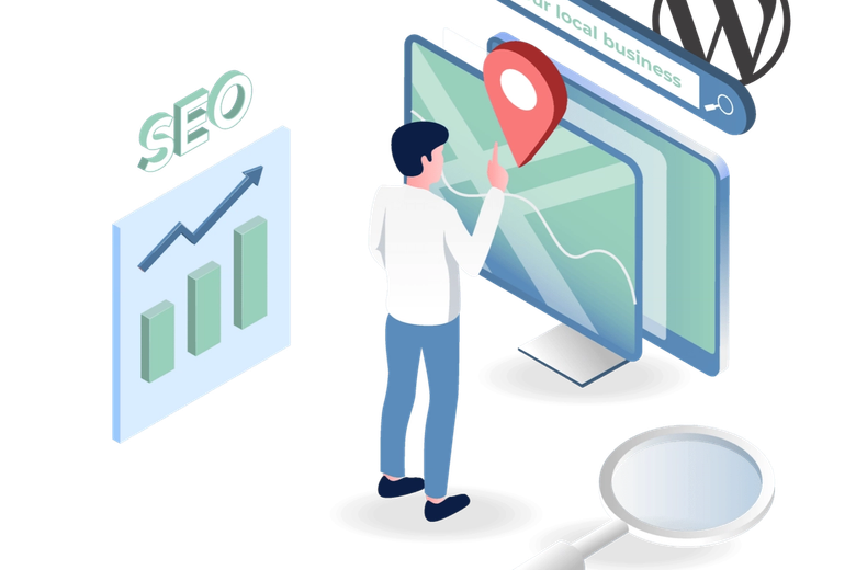A person standing in front of his wordpress website he wants to optimize for local seo with plugins.