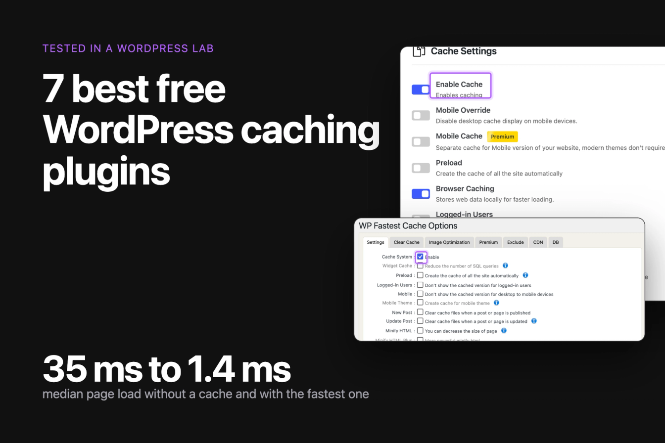 7 best free WordPress caching plugins, tested: median page load of 35 ms without a cache and 1.4 ms with the fastest one