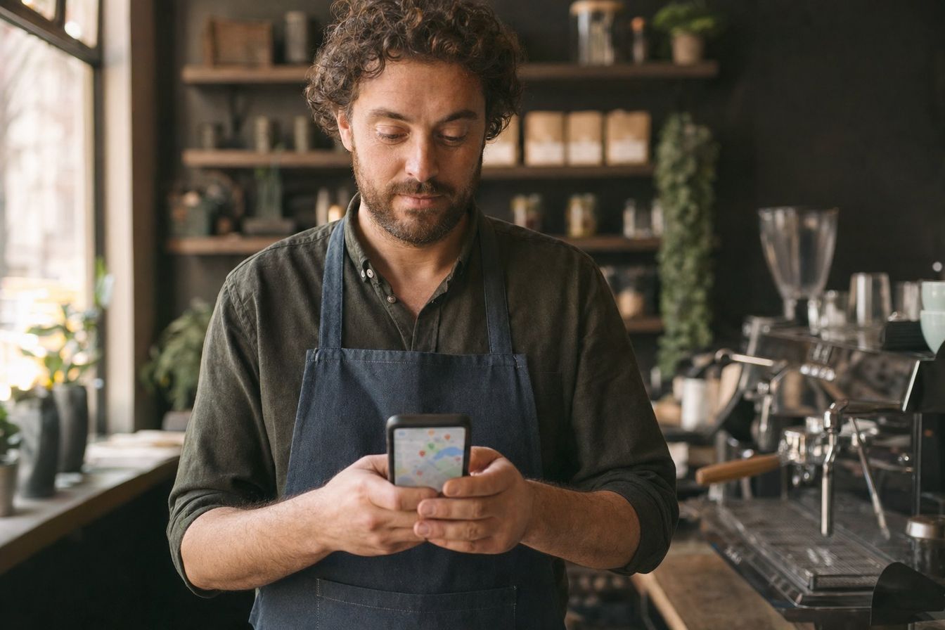 Cafe owner behind the counter checking a map on a smartphone