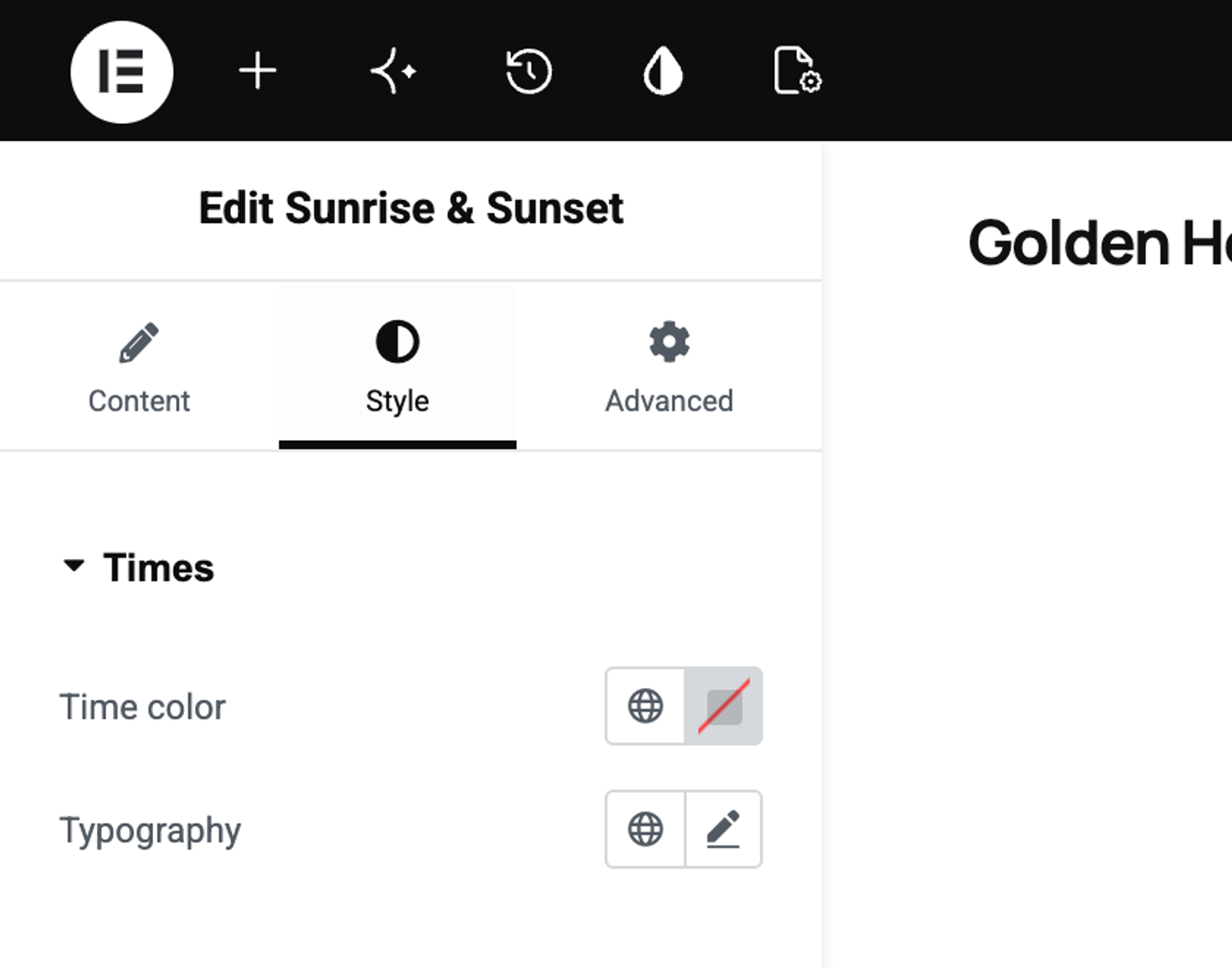 The Style tab of the Sunrise & Sunset widget with the Times section, showing the Time color and Typography controls