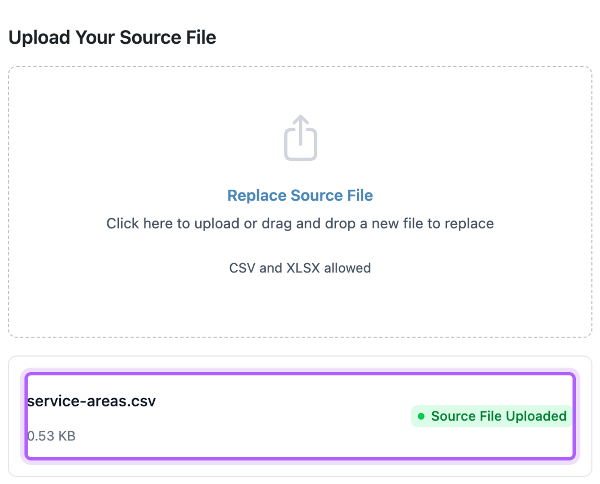 The uploaded source file service-areas.csv in LPagery, marked Source File Uploaded