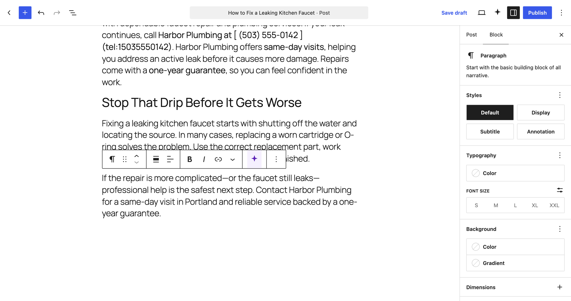 The AI Content Writer draft in the block editor after Convert to blocks, with the phone number left as a Markdown link in brackets