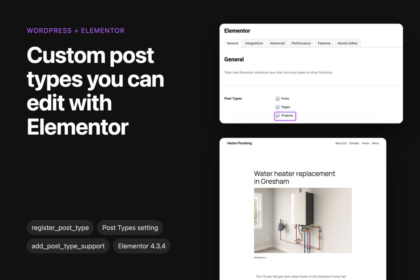Elementor's Post Types setting with Projects ticked, next to a published project page with a heading added in Elementor