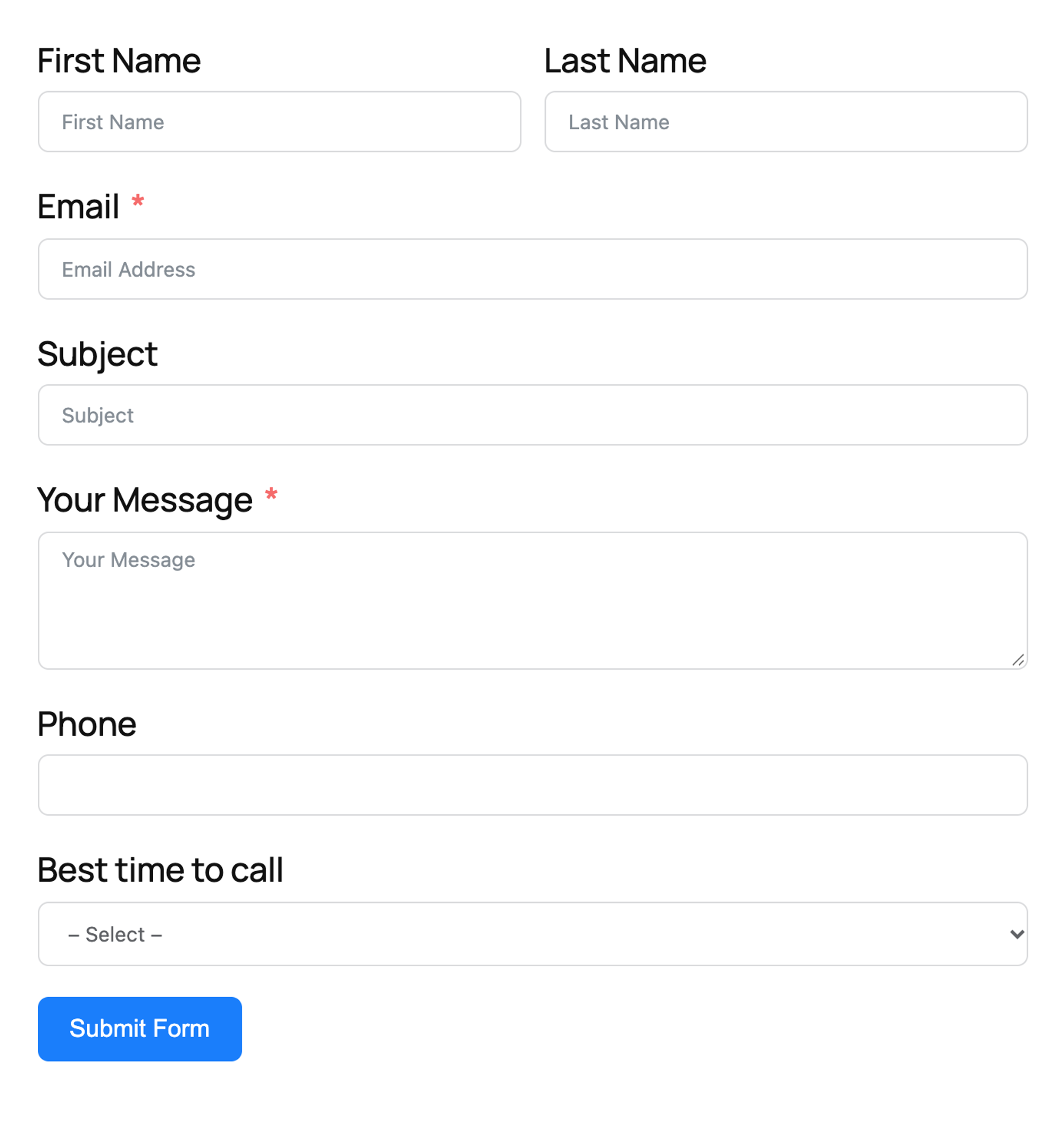 The Fluent Forms request form with first and last name, email, subject, message, phone and best time to call