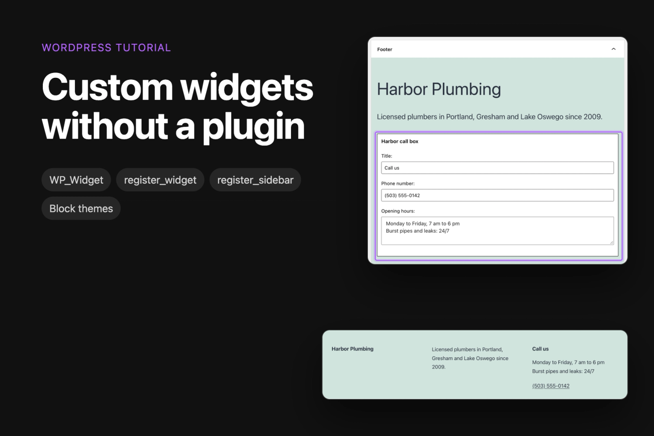 The Harbor call box widget's settings form in the WordPress Widgets screen next to the same widget in a site footer with a title, opening hours and a phone link