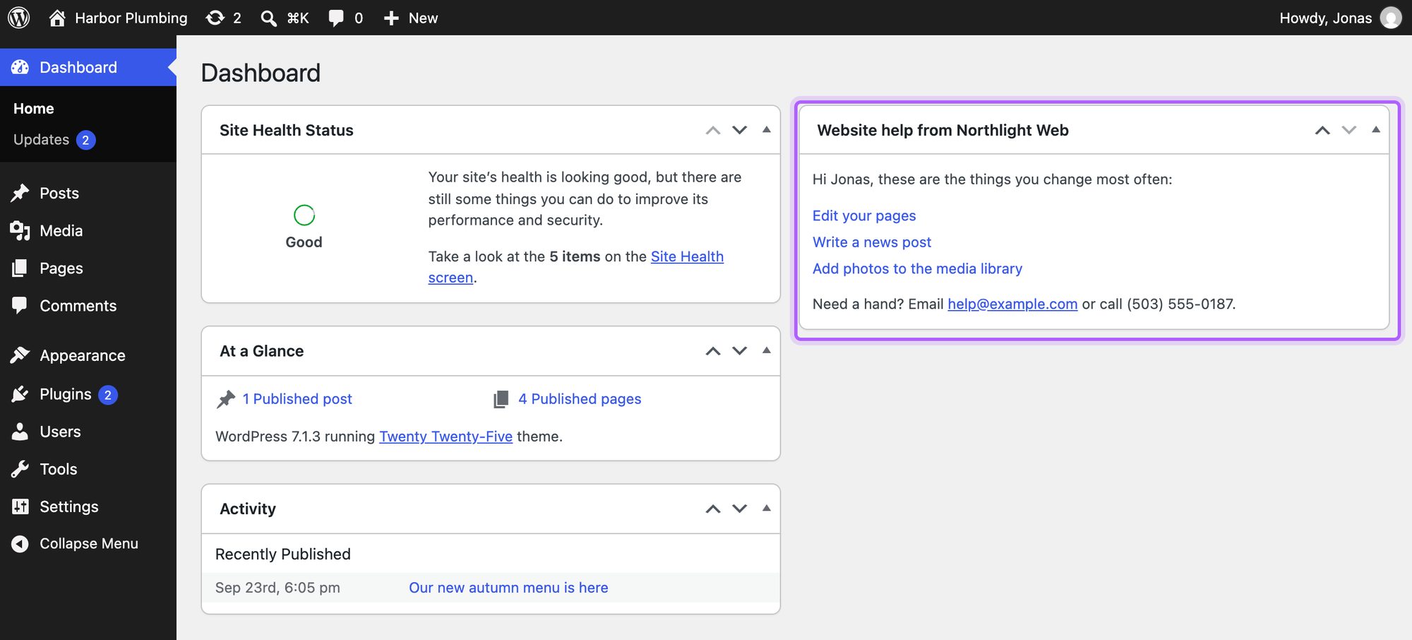 The dashboard with the new Website help from Northlight Web box highlighted at the top of the second column, greeting the user by name with three links and a support email