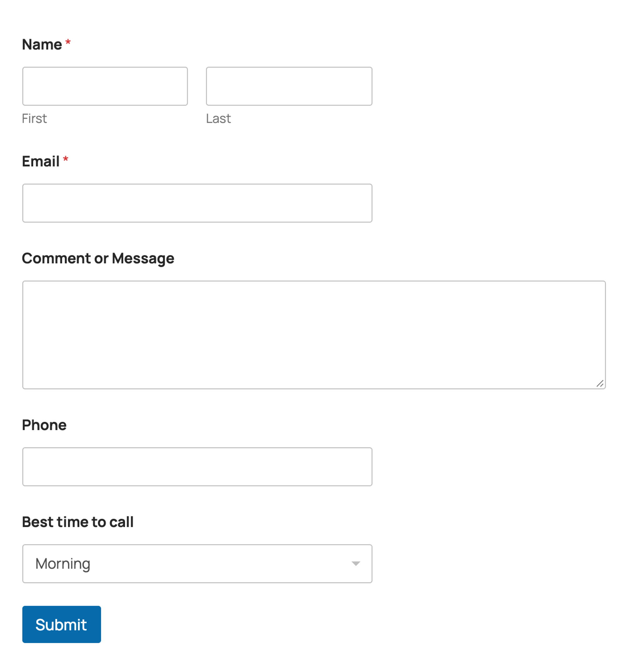 The Request a call back form built with WPForms Lite, with name, email, message, phone and best time to call