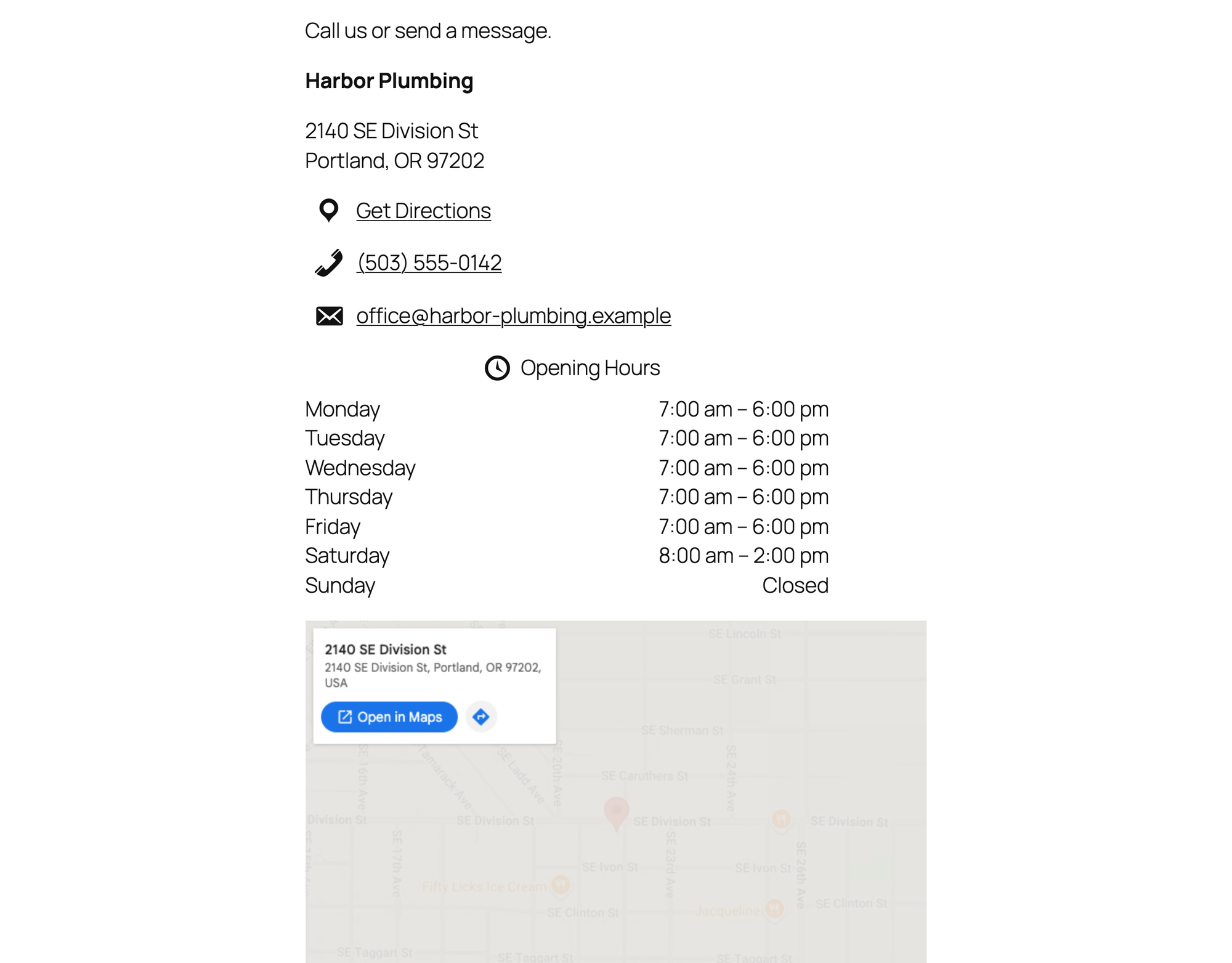The Five Star contact card with address, phone, email, opening hours and an embedded Google map