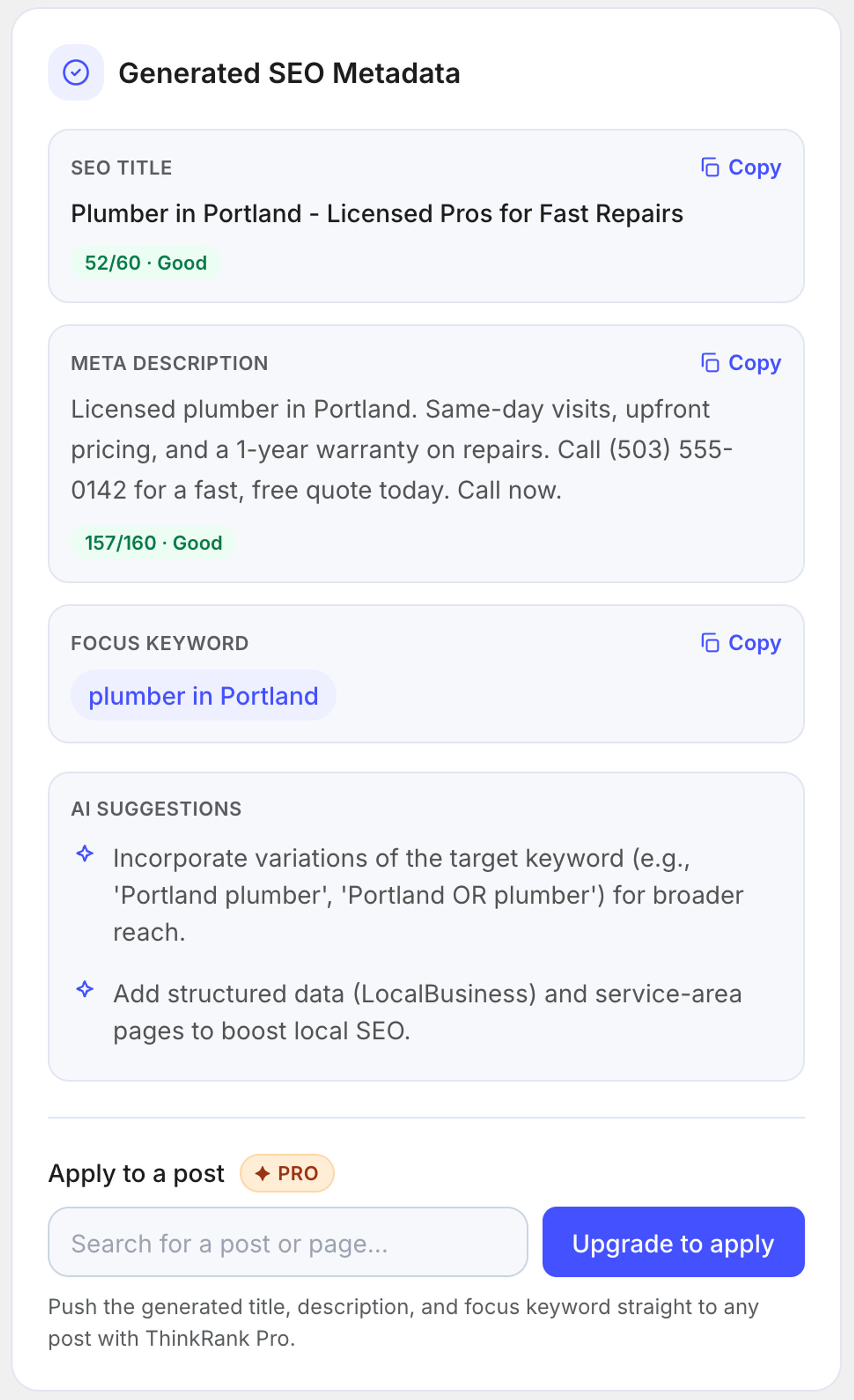 ThinkRank's Metadata Generator with the generated title and description and the Apply to a post button marked PRO