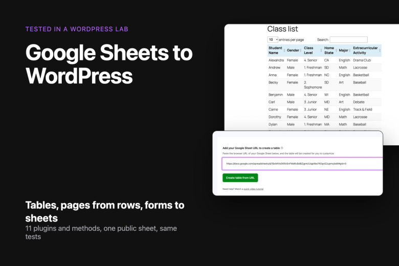 Google Sheets to WordPress: a TablePress table of the sample sheet and FlexTable's Google Sheet URL screen