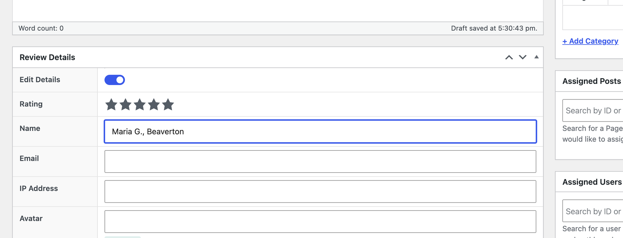 Adding a review in Site Reviews with the Rating, Name and Email fields