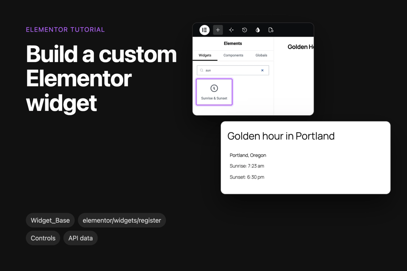 The Sunrise & Sunset widget in the Elementor panel next to the published page, which shows today's sunrise and sunset times for Portland, Oregon