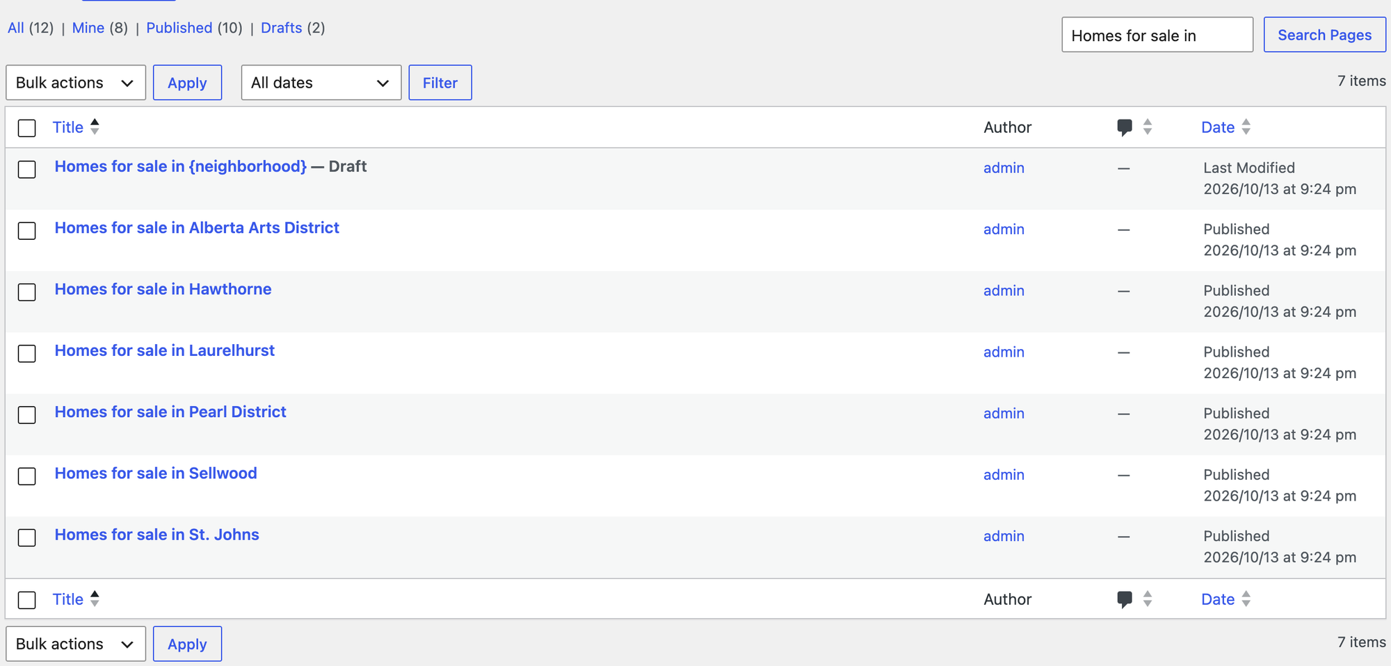 The WordPress pages list with six generated Homes for sale pages, one per neighborhood