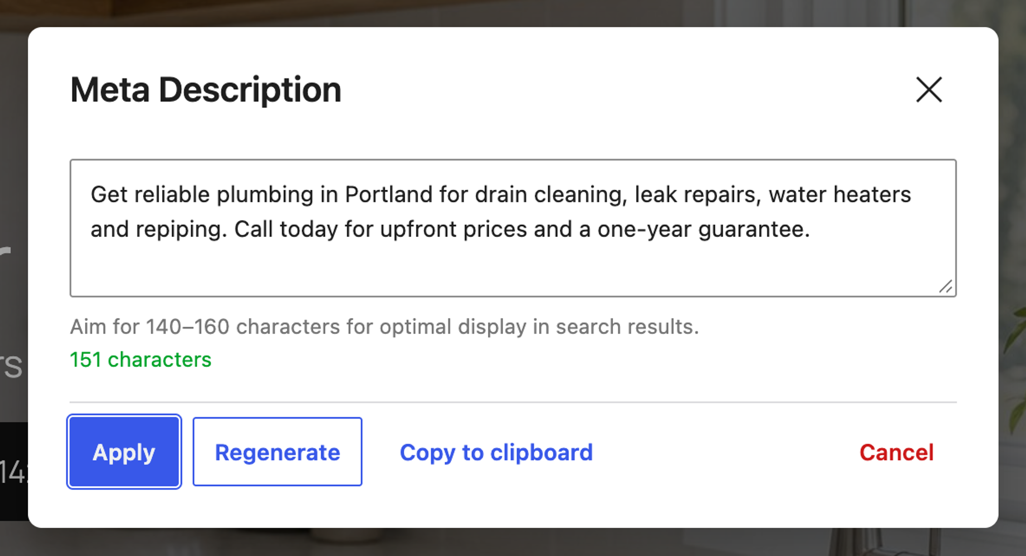 The AI plugin's Meta Description dialog with a 151-character description for the Plumber in Portland page