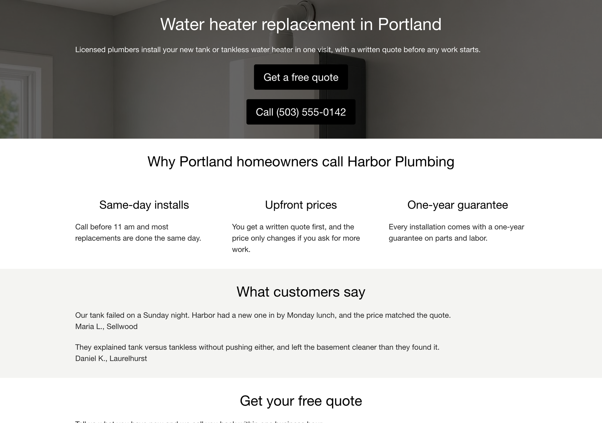 The Harbor Plumbing landing page built with SeedProd Lite, rendered without the theme header