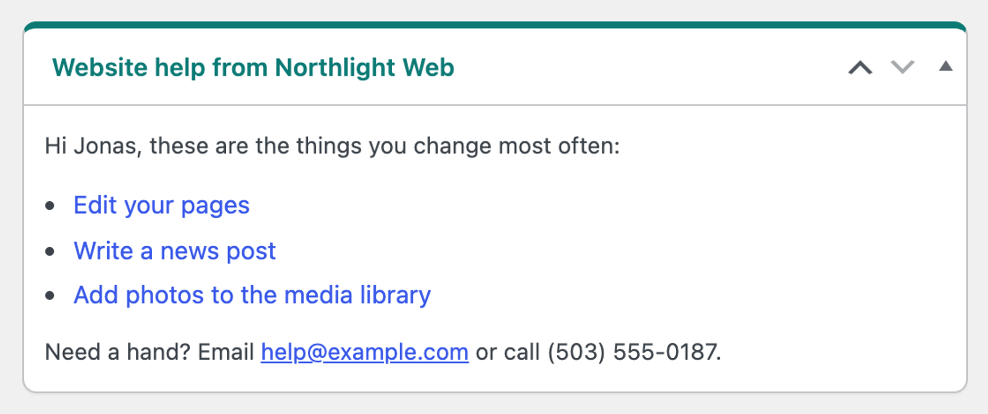 The Website help from Northlight Web box with a teal top border, a teal title and a bulleted list of links