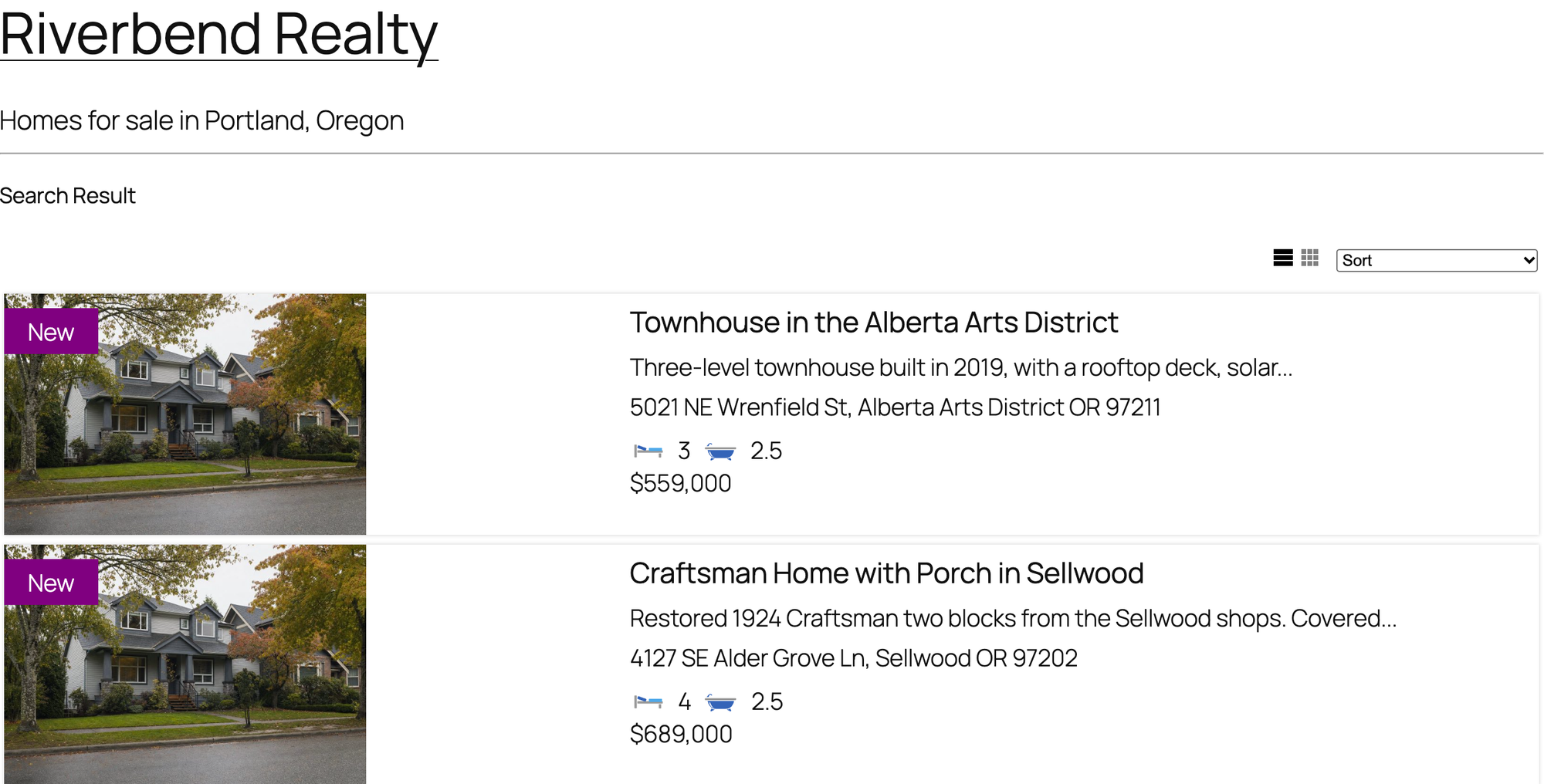 Easy Property Listings search results for 3 or more bedrooms up to $700,000 showing the Sellwood and Alberta listings