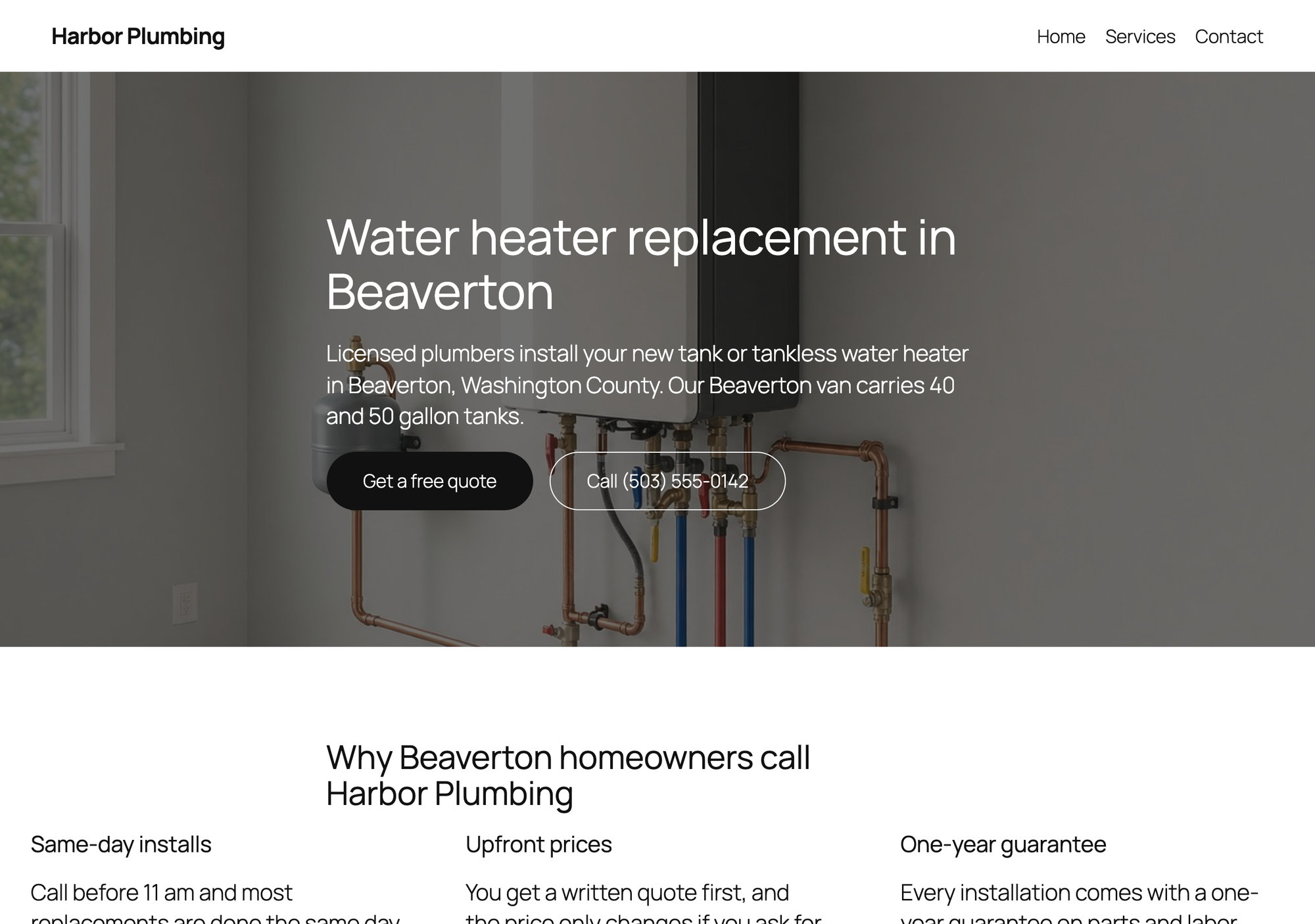 A generated landing page, Water heater replacement in Beaverton, with the town, county and local note filled in from the CSV