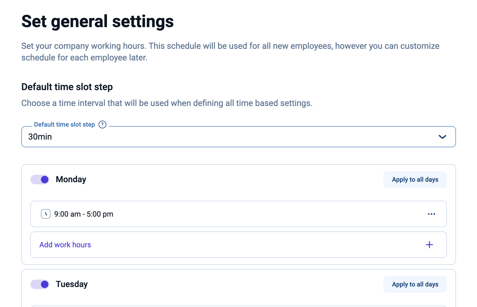 Amelia's setup step with working hours for Monday to Friday