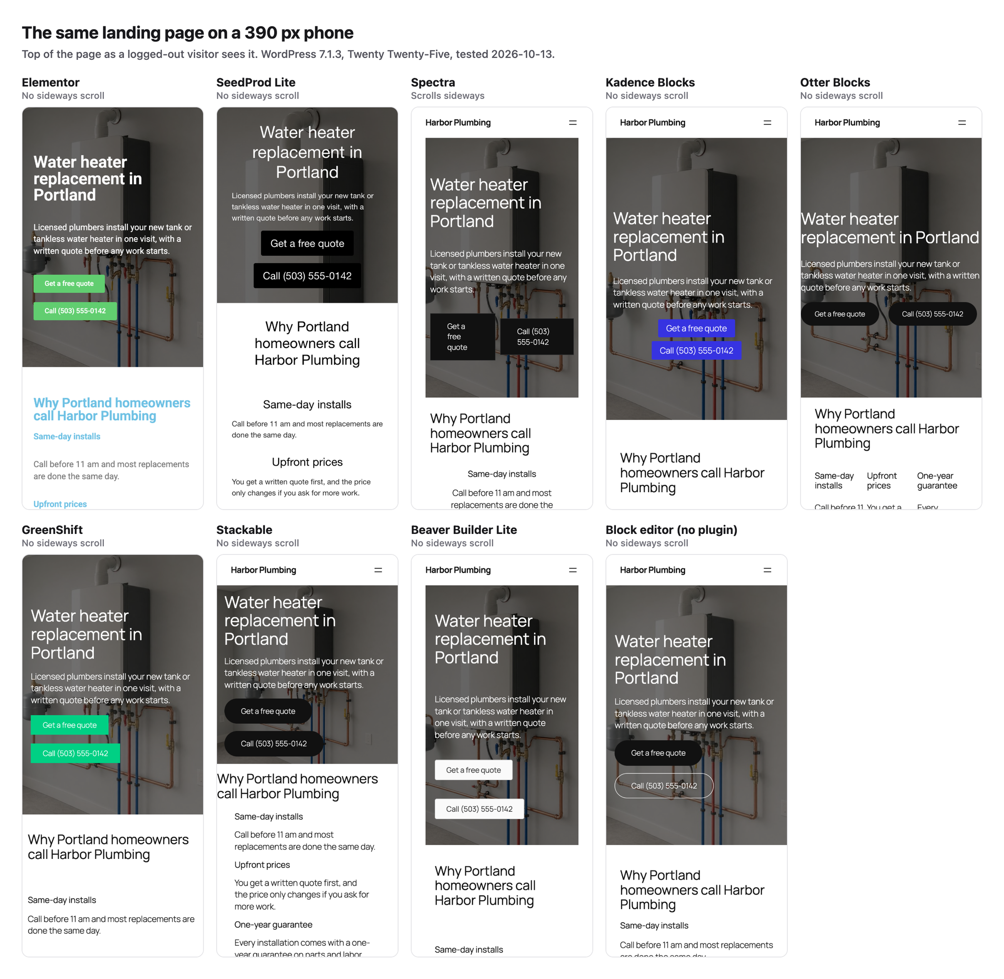 The top of the same landing page on a 390 px phone screen, built with each plugin, side by side