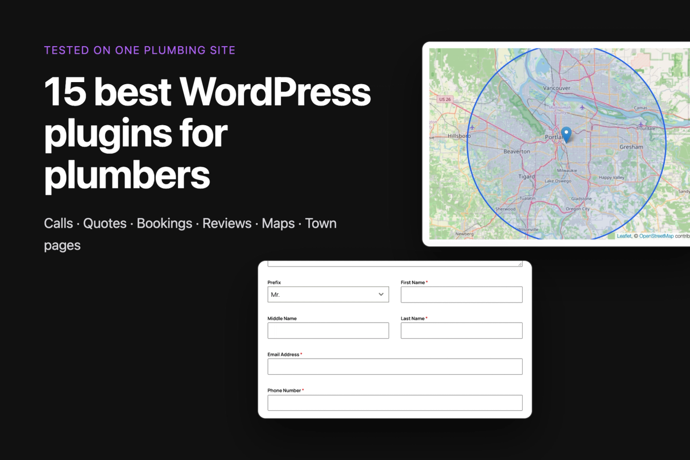 15 best WordPress plugins for plumbers, tested on one plumbing site: calls, quotes, bookings, reviews, maps and town pages