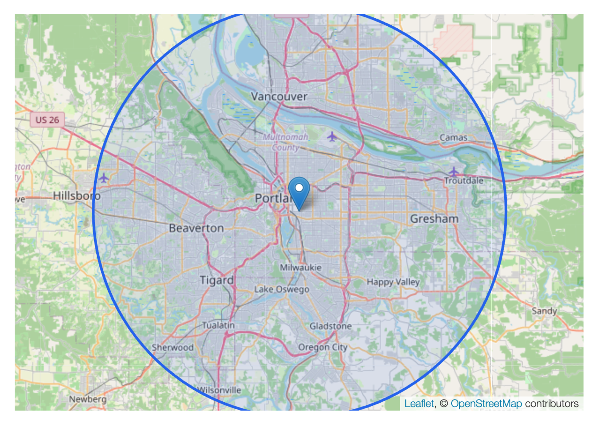 A Leaflet map of Portland with a pin at the shop and a blue 25 km service area circle reaching Hillsboro, Gresham and Wilsonville