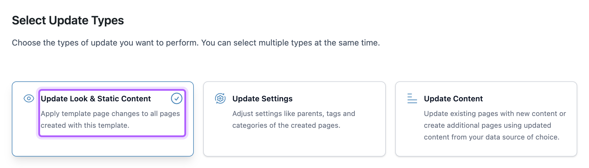 The Select Update Types step in LPagery with Update Look & Static Content selected