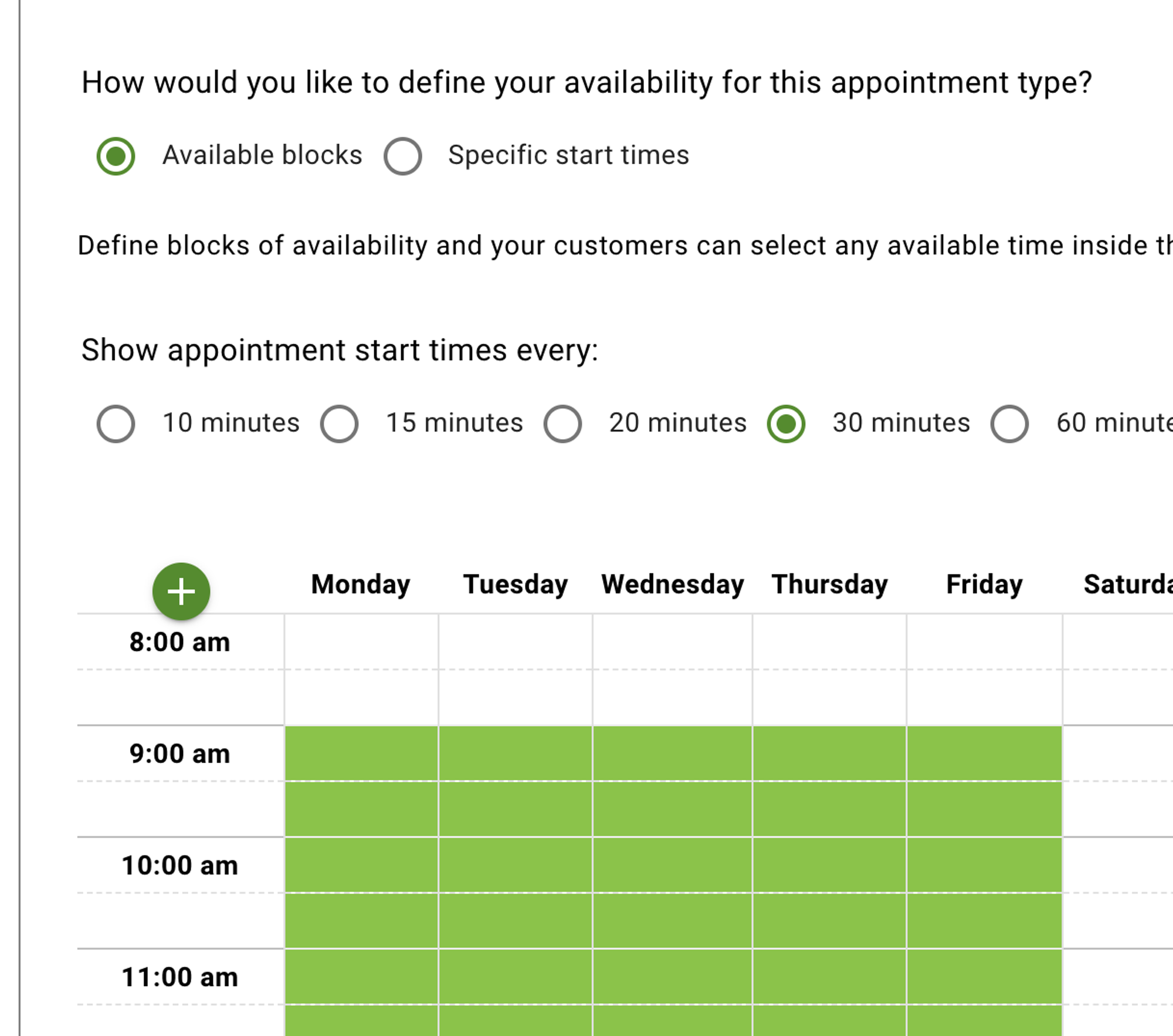 Simply Schedule Appointments' availability grid with Monday to Friday blocks from 9 am to 5 pm
